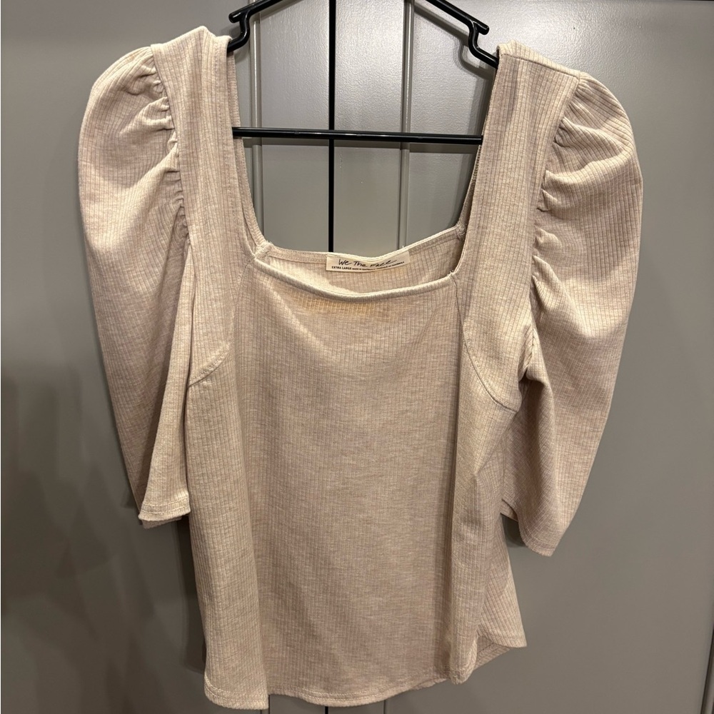 We The Free Top Womens XL beigeNight Lily Puff Ruched Sleeve Ribbed top